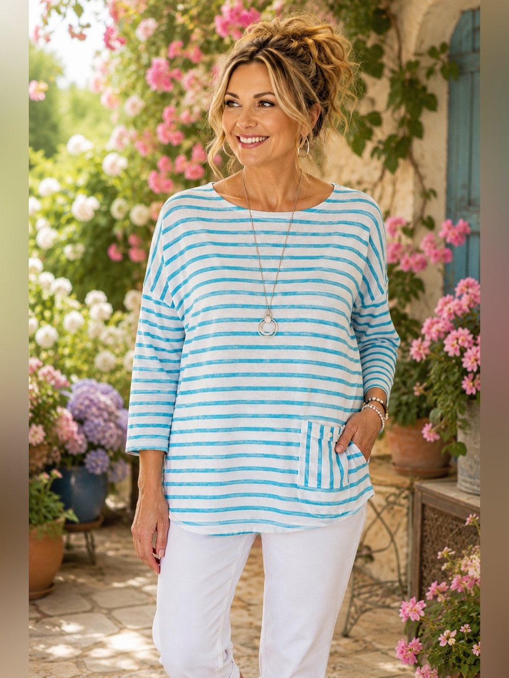 J.Jill Linen Blend Striped Tunic Top L Blue White Coastal Pocket 3/4 Sleeve